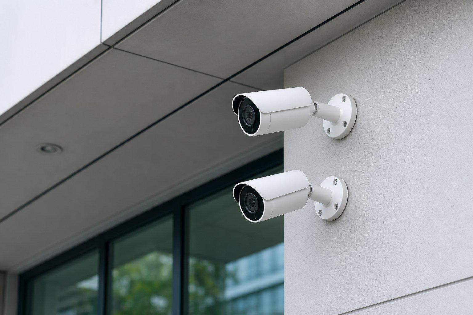 Modern surveillance cameras mounted on a building facade