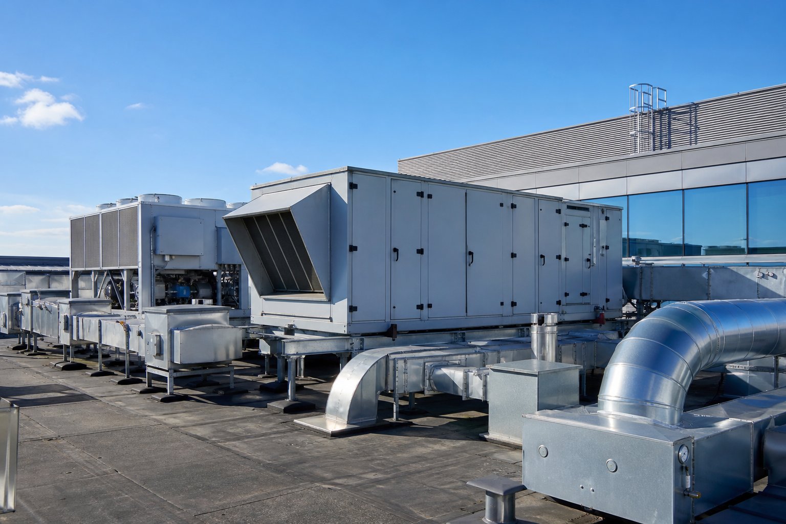 Central AC units and air ducts on a commercial building roof