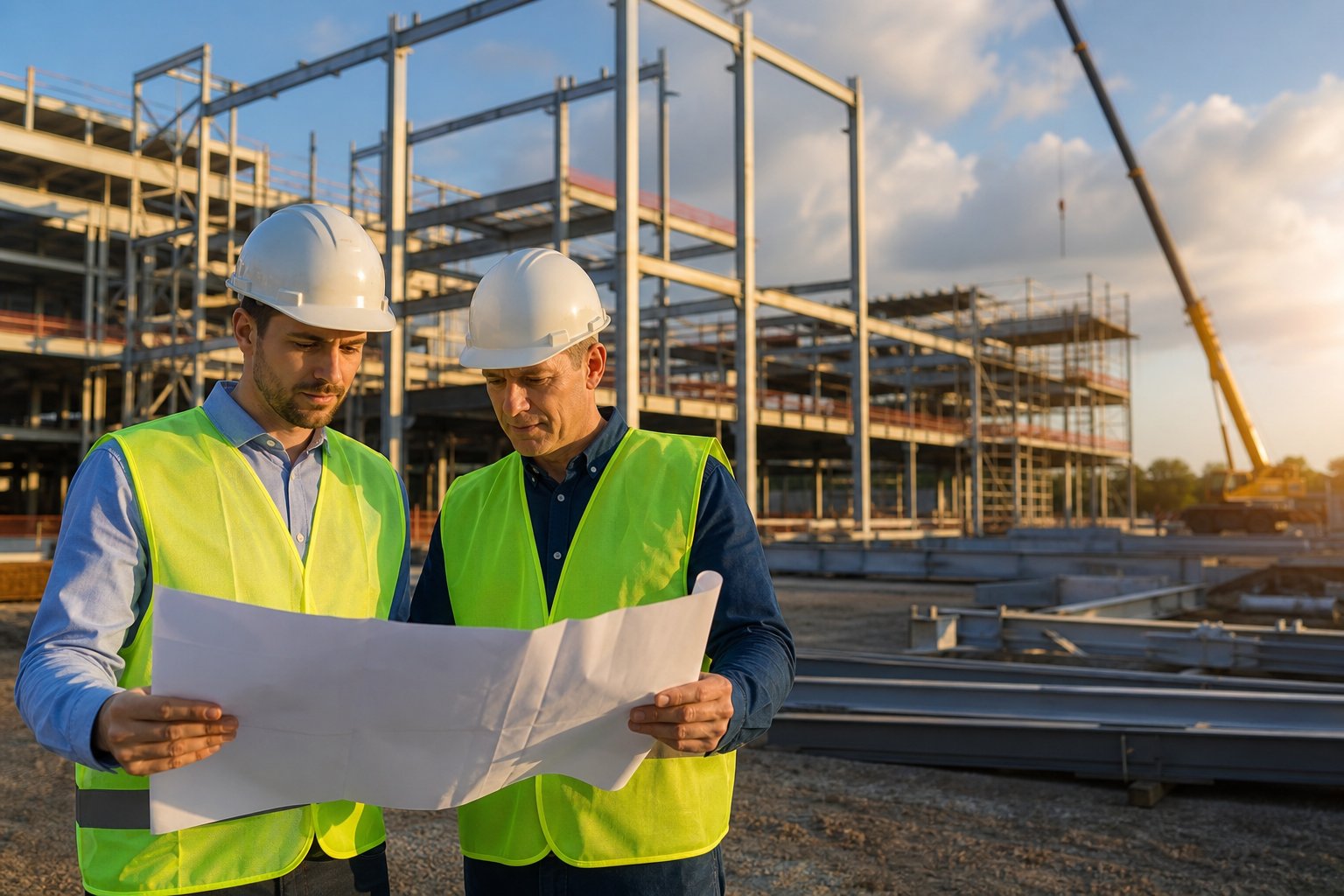 Two engineers reviewing drawings at a construction site