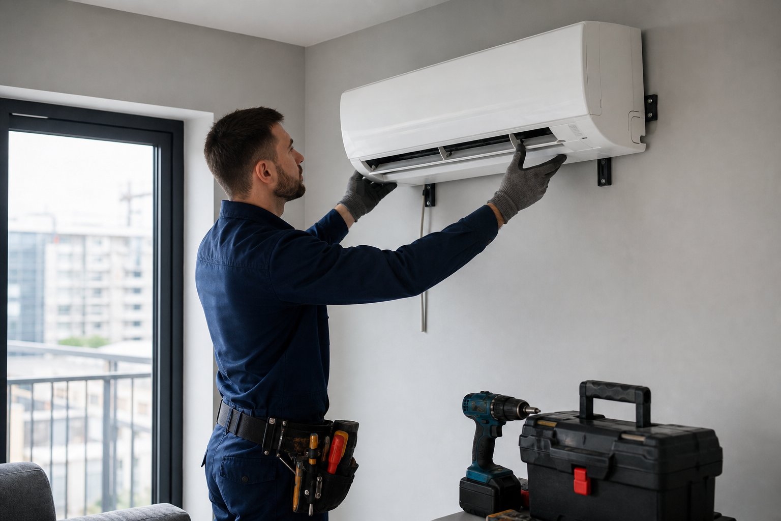Technician installing a split AC unit on a wall
