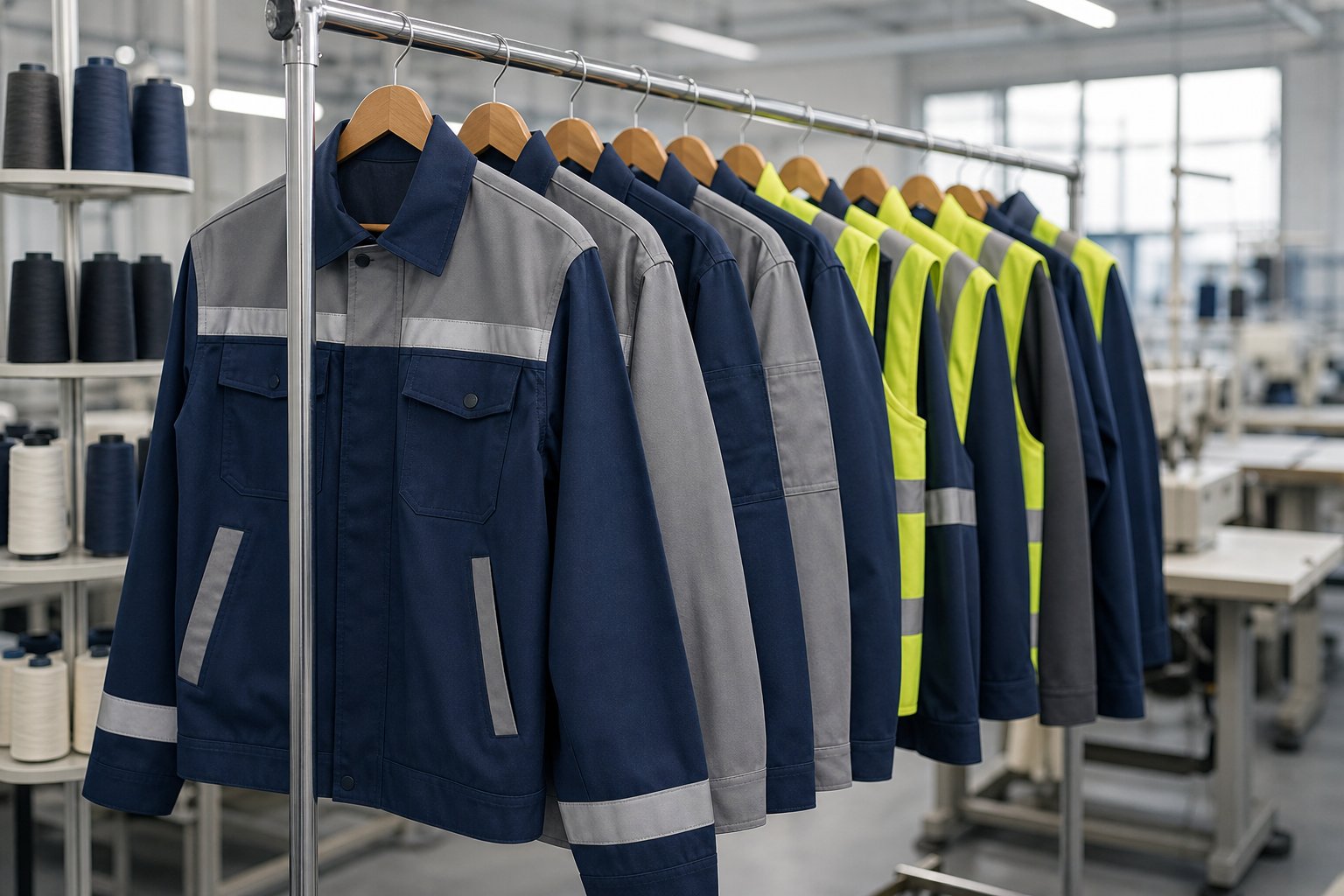 Industrial uniform displayed on a rack in a manufacturing workshop